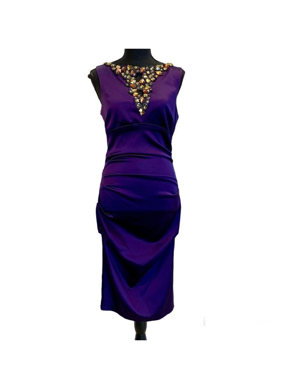 Cache Women's Purple gem jewelled ruched sleeveless Dress Sz 10